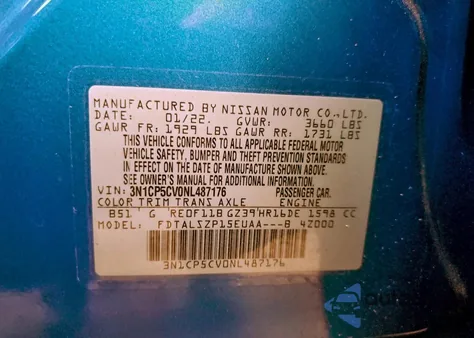 2022 Nissan Kicks Sv z USA, uszkodzony, nr VIN 3N1CP5CV0NL487176